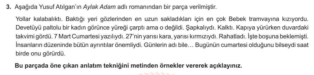 12. Sınıf Türk Dili ve Edebiyatı 2023-2024 2. Dönem 1. Yazılı 1. Bölüm 3. Soru görseli