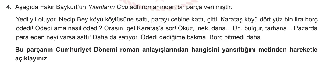 12. Sınıf Türk Dili ve Edebiyatı 2023-2024 2. Dönem 1. Yazılı 1. Bölüm 4. Soru görseli