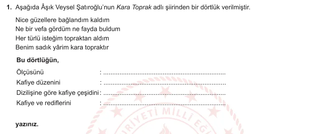 12. Sınıf Türk Dili ve Edebiyatı 2023-2024 2. Dönem 1. Yazılı 2. Bölüm 1. Soru görseli