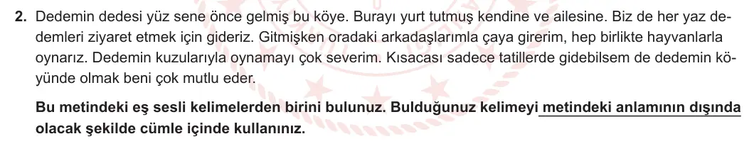 5. Sınıf Türkçe 2023-2024 2. Dönem 1. Yazılı 1. Bölüm 2. Soru görseli