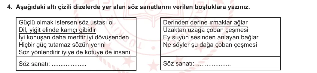 5. Sınıf Türkçe 2023-2024 2. Dönem 1. Yazılı 1. Bölüm 4. Soru görseli