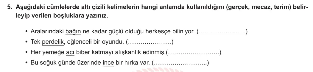 5. Sınıf Türkçe 2023-2024 2. Dönem 1. Yazılı 1. Bölüm 5. Soru görseli