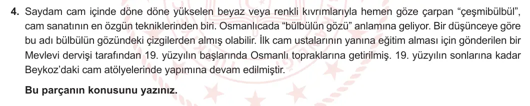 7. Sınıf Türkçe 2023-2024 2. Dönem 1. Yazılı 1. Bölüm 4. Soru görseli