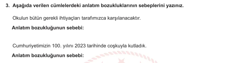 7. Sınıf Türkçe 2023-2024 2. Dönem 1. Yazılı 2. Bölüm 3. Soru görseli