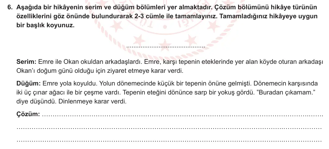 7. Sınıf Türkçe 2023-2024 2. Dönem 1. Yazılı 2. Bölüm 6. Soru görseli