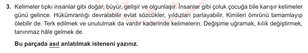 8. Sınıf Türkçe 2023-2024 2. Dönem 1. Yazılı 2. Bölüm 3. Soru (Ferman Yayınları) görseli