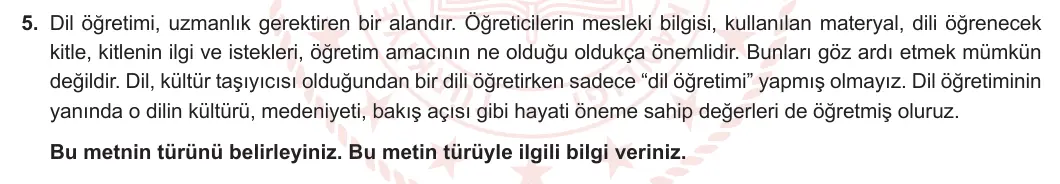 8. Sınıf Türkçe 2023-2024 2. Dönem 1. Yazılı 2. Bölüm 5. Soru (Ferman Yayınları) görseli