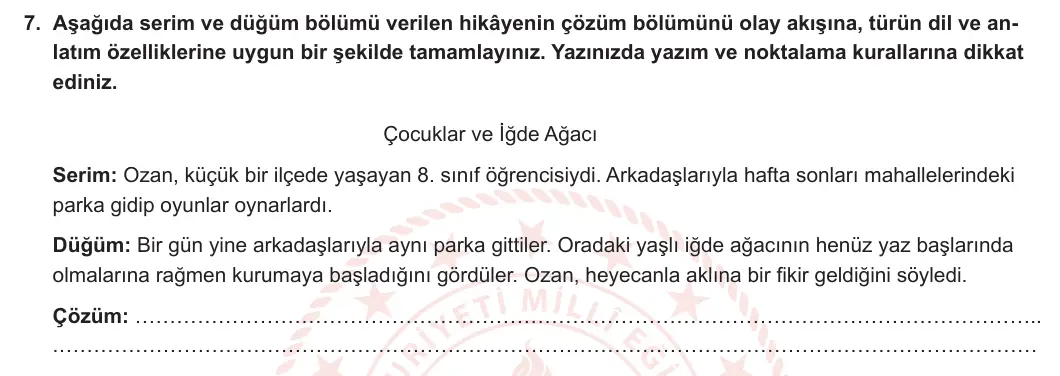 8. Sınıf Türkçe 2023-2024 2. Dönem 1. Yazılı 2. Bölüm 7. Soru (Ferman Yayınları) görseli