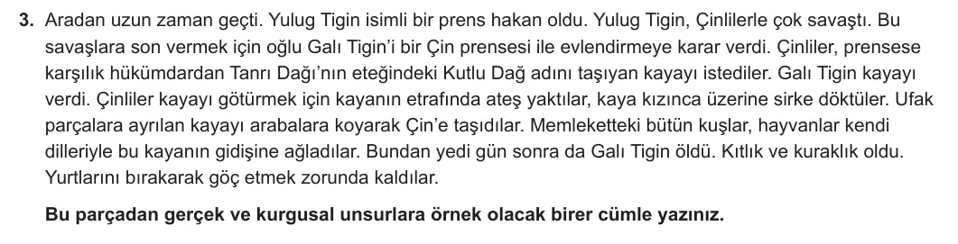 8. Sınıf Türkçe 2023-2024 2. Dönem 1. Yazılı 2. Bölüm 3. Soru (MEB Yayınları) görseli
