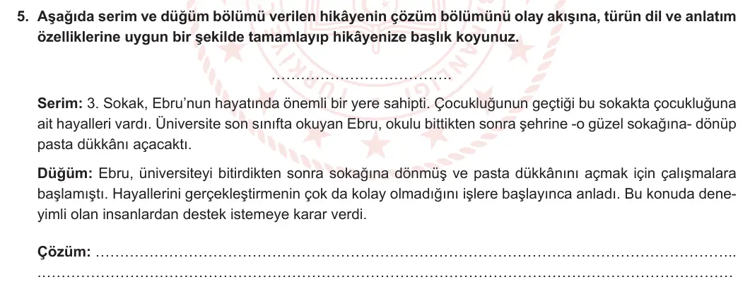 8. Sınıf Türkçe 2023-2024 2. Dönem 1. Yazılı 2. Bölüm 5. Soru (MEB Yayınları) görseli