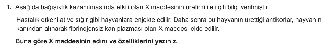 11. Sınıf Biyoloji 2023-2024 2. Dönem 2. Yazılı 4. Bölüm 1. Soru görseli
