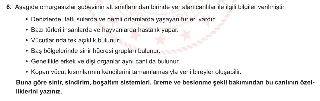 9. Sınıf Biyoloji 2023-2024 2. Dönem 2. Yazılı 1. Bölüm 6. Soru görseli