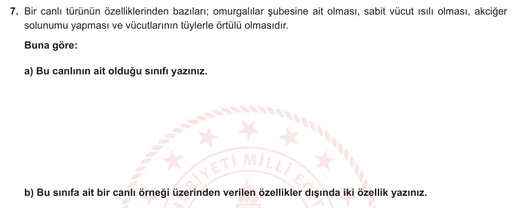 9. Sınıf Biyoloji 2023-2024 2. Dönem 2. Yazılı 2. Bölüm 7. Soru görseli