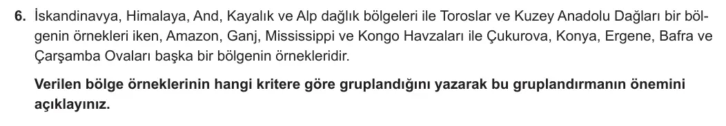 9. Sınıf Coğrafya 2023-2024 2. Dönem 2. Yazılı 2. Bölüm 6. Soru görseli