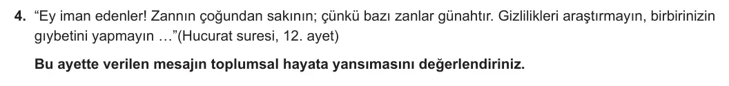 10. Sınıf Din Kültürü ve Ahlak Bilgisi 2023-2024 2. Dönem 2. Yazılı 1. Bölüm 4. Soru görseli