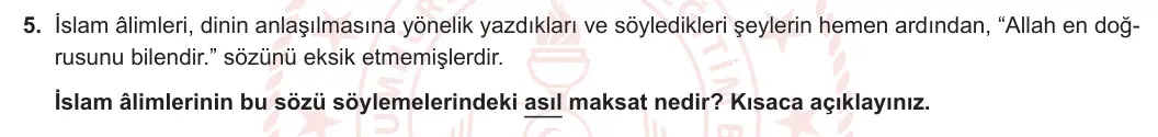 10. Sınıf Din Kültürü ve Ahlak Bilgisi 2023-2024 2. Dönem 2. Yazılı 1. Bölüm 5. Soru görseli