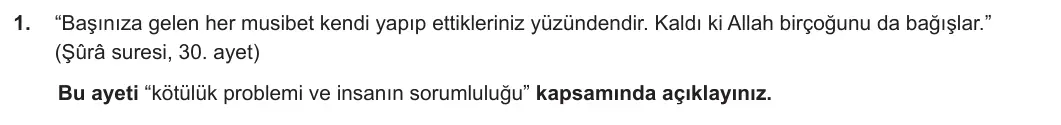 11. Sınıf Din Kültürü ve Ahlak Bilgisi 2023-2024 2. Dönem 2. Yazılı 1. Bölüm 1. Soru görseli
