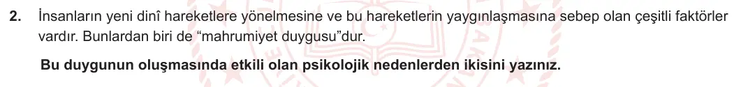 11. Sınıf Din Kültürü ve Ahlak Bilgisi 2023-2024 2. Dönem 2. Yazılı 1. Bölüm 2. Soru görseli