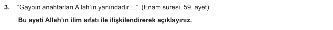 11. Sınıf Din Kültürü ve Ahlak Bilgisi 2023-2024 2. Dönem 2. Yazılı 1. Bölüm 3. Soru görseli