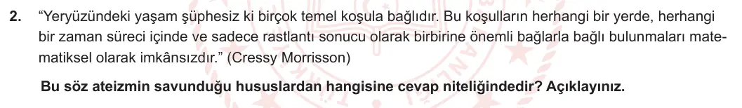11. Sınıf Din Kültürü ve Ahlak Bilgisi 2023-2024 2. Dönem 2. Yazılı 2. Bölüm 2. Soru görseli
