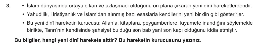 11. Sınıf Din Kültürü ve Ahlak Bilgisi 2023-2024 2. Dönem 2. Yazılı 2. Bölüm 3. Soru görseli