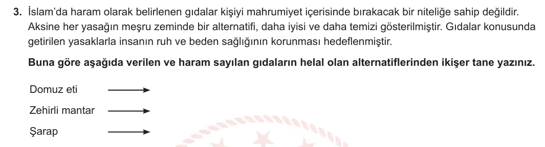 12. Sınıf Din Kültürü ve Ahlak Bilgisi 2023-2024 2. Dönem 2. Yazılı 1. Bölüm 3. Soru görseli