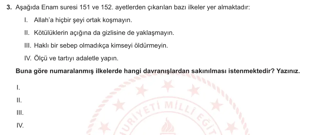 12. Sınıf Din Kültürü ve Ahlak Bilgisi 2023-2024 2. Dönem 2. Yazılı 2. Bölüm 3. Soru görseli