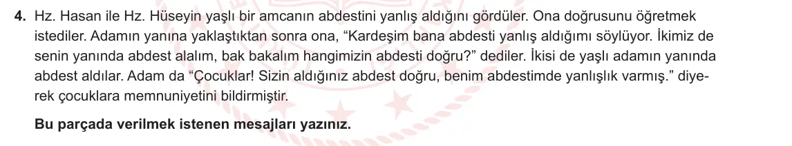 5. Sınıf Din Kültürü ve Ahlak Bilgisi 2023-2024 2. Dönem 2. Yazılı 2. Bölüm 4. Soru görseli