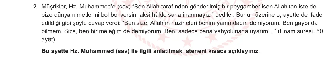 7. Sınıf Din Kültürü ve Ahlak Bilgisi 2023-2024 2. Dönem 2. Yazılı 1. Bölüm 2. Soru görseli