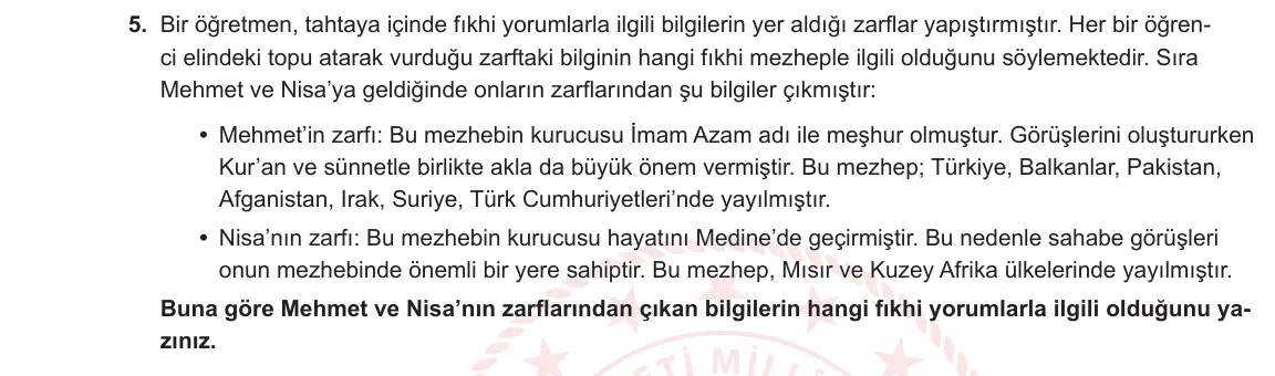 7. Sınıf Din Kültürü ve Ahlak Bilgisi 2023-2024 2. Dönem 2. Yazılı 2. Bölüm 5. Soru görseli