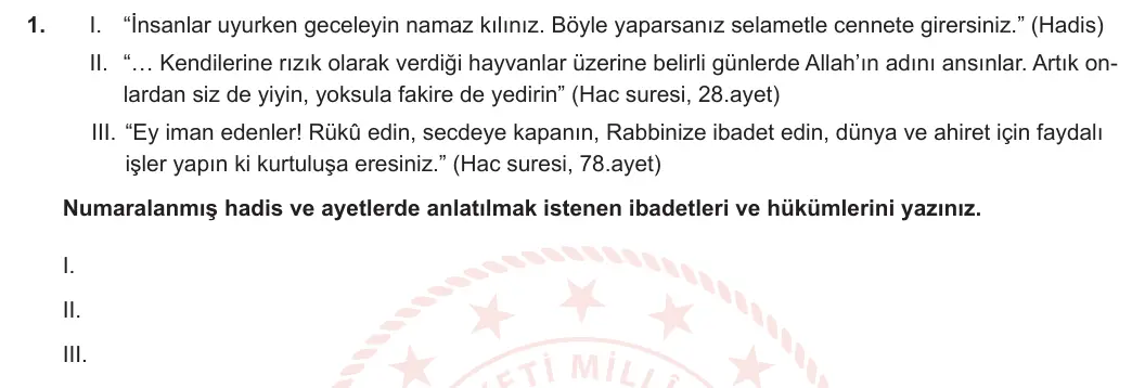 9. Sınıf Din Kültürü ve Ahlak Bilgisi 2023-2024 2. Dönem 2. Yazılı 1. Bölüm 1. Soru görseli
