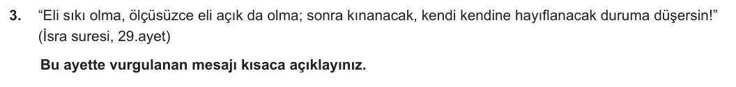 9. Sınıf Din Kültürü ve Ahlak Bilgisi 2023-2024 2. Dönem 2. Yazılı 1. Bölüm 3. Soru görseli