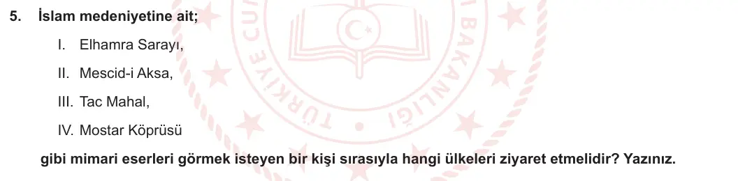 9. Sınıf Din Kültürü ve Ahlak Bilgisi 2023-2024 2. Dönem 2. Yazılı 1. Bölüm 5. Soru görseli