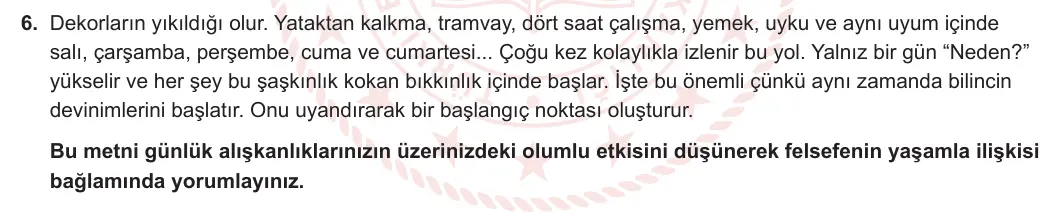 10. Sınıf Felsefe 2023-2024 2. Dönem 2. Yazılı 1. Bölüm 6. Soru görseli