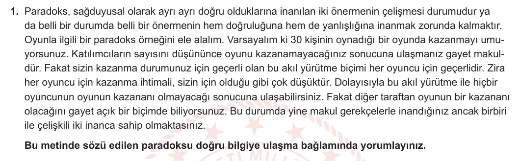 10. Sınıf Felsefe 2023-2024 2. Dönem 2. Yazılı 2. Bölüm 1. Soru görseli
