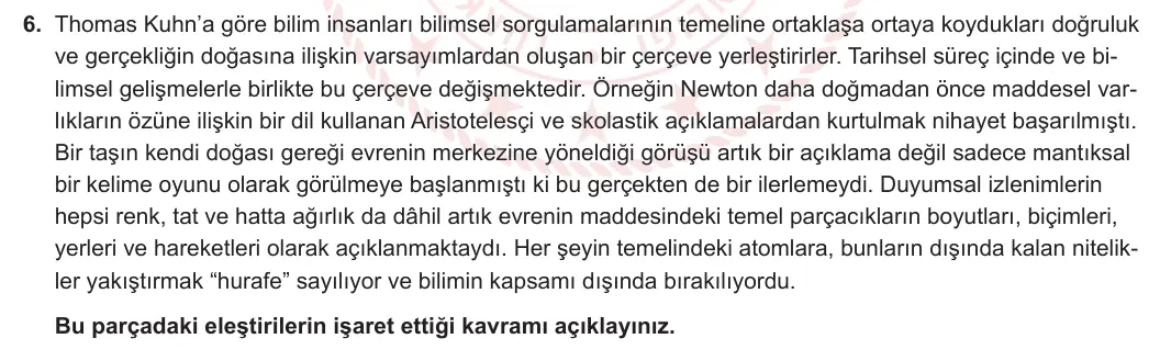 11. Sınıf Felsefe 2023-2024 2. Dönem 2. Yazılı 1. Bölüm 6. Soru görseli