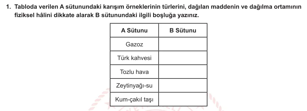 10. Sınıf Kimya 2023-2024 2. Dönem 2. Yazılı 1. Bölüm 1. Soru görseli