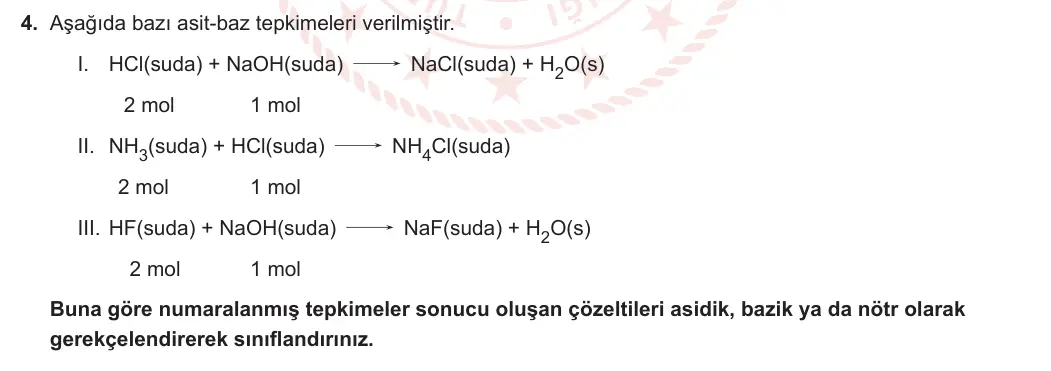 10. Sınıf Kimya 2023-2024 2. Dönem 2. Yazılı 1. Bölüm 4. Soru görseli
