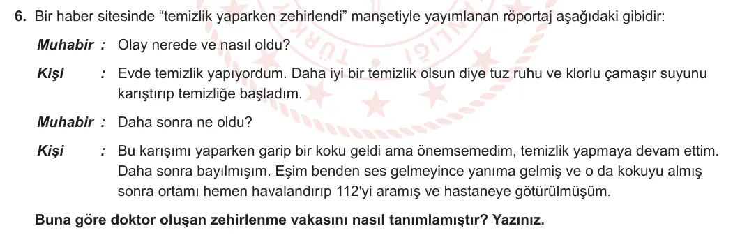 10. Sınıf Kimya 2023-2024 2. Dönem 2. Yazılı 1. Bölüm 6. Soru görseli