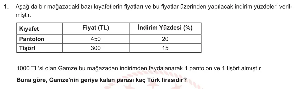 5. Sınıf Matematik 2023-2024 2. Dönem 2. Yazılı 1. Bölüm 1. Soru görseli