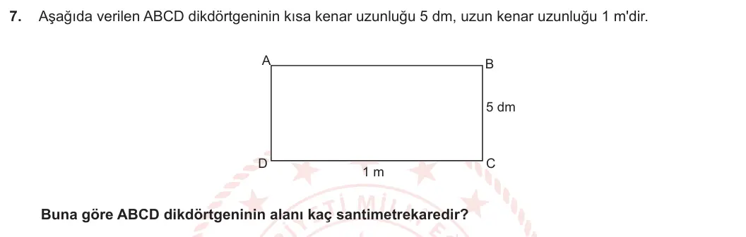 5. Sınıf Matematik 2023-2024 2. Dönem 2. Yazılı 3. Bölüm 7. Soru görseli