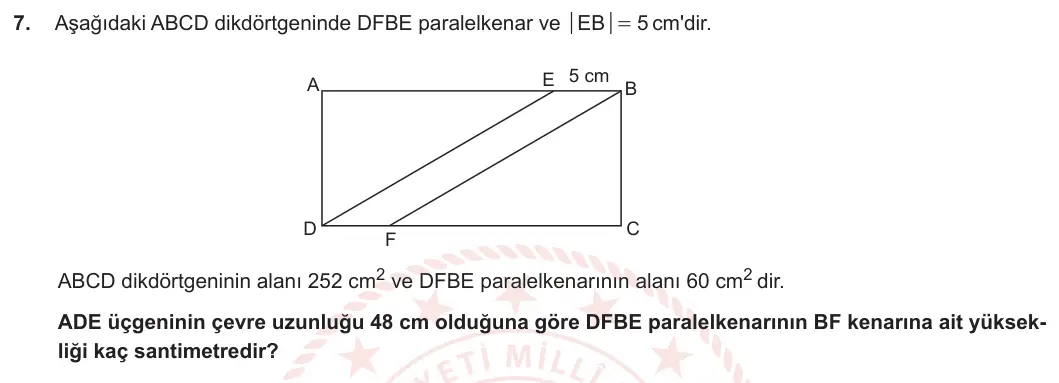 6. Sınıf Matematik 2023-2024 2. Dönem 2. Yazılı 1. Bölüm 7. Soru görseli