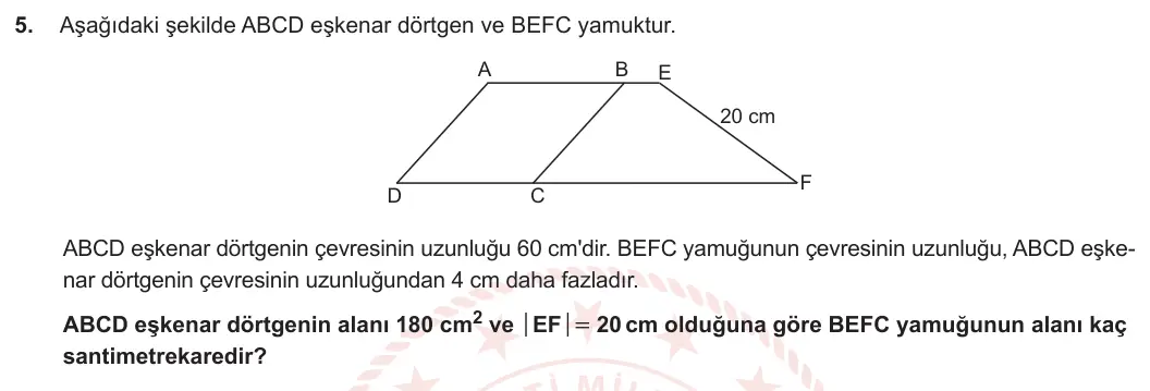 7. Sınıf Matematik 2023-2024 2. Dönem 2. Yazılı 1. Bölüm 5. Soru görseli