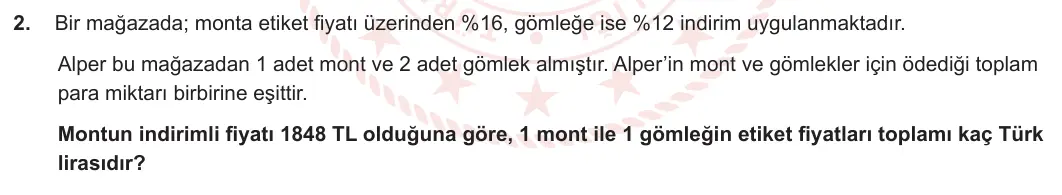 7. Sınıf Matematik 2023-2024 2. Dönem 2. Yazılı 2. Bölüm 2. Soru görseli