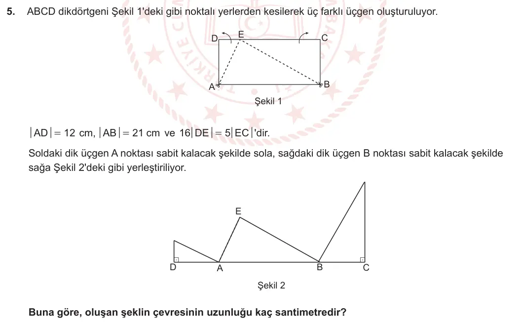 8. Sınıf Matematik 2023-2024 2. Dönem 2. Yazılı 1. Bölüm 5. Soru görseli
