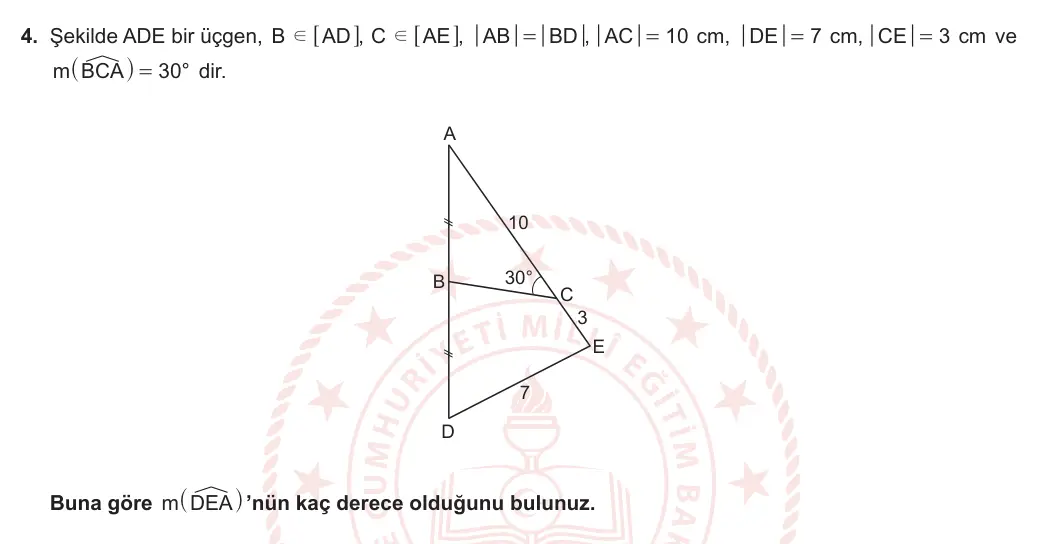 9. Sınıf Matematik 2023-2024 2. Dönem 2. Yazılı 1. Bölüm 4. Soru görseli