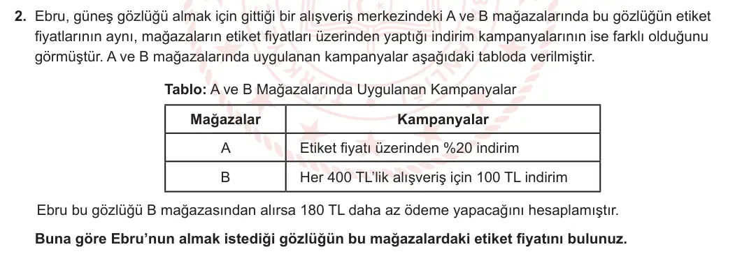9. Sınıf Matematik 2023-2024 2. Dönem 2. Yazılı 2. Bölüm 2. Soru görseli