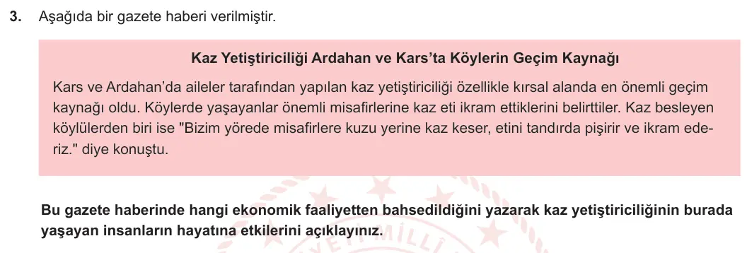 5. Sınıf Sosyal Bilgiler 2023-2024 2. Dönem 2. Yazılı 2. Bölüm 3. Soru görseli