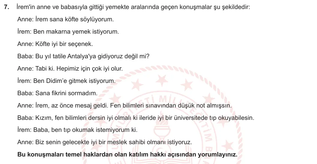 5. Sınıf Sosyal Bilgiler 2023-2024 2. Dönem 2. Yazılı 2. Bölüm 7. Soru görseli