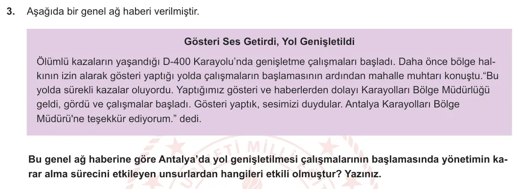 6. Sınıf Sosyal Bilgiler 2023-2024 2. Dönem 2. Yazılı 1. Bölüm 3. Soru görseli